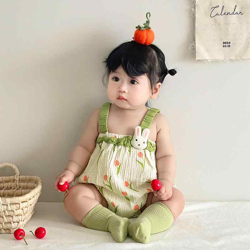 ベビー ロンパース 女の子 新生児 春夏 コットン 薄手 ノースリーブ キャミソール 花柄 うさぎ柄 ボディスーツ 赤ちゃん服 プルオーバー 普段使い お出かけ