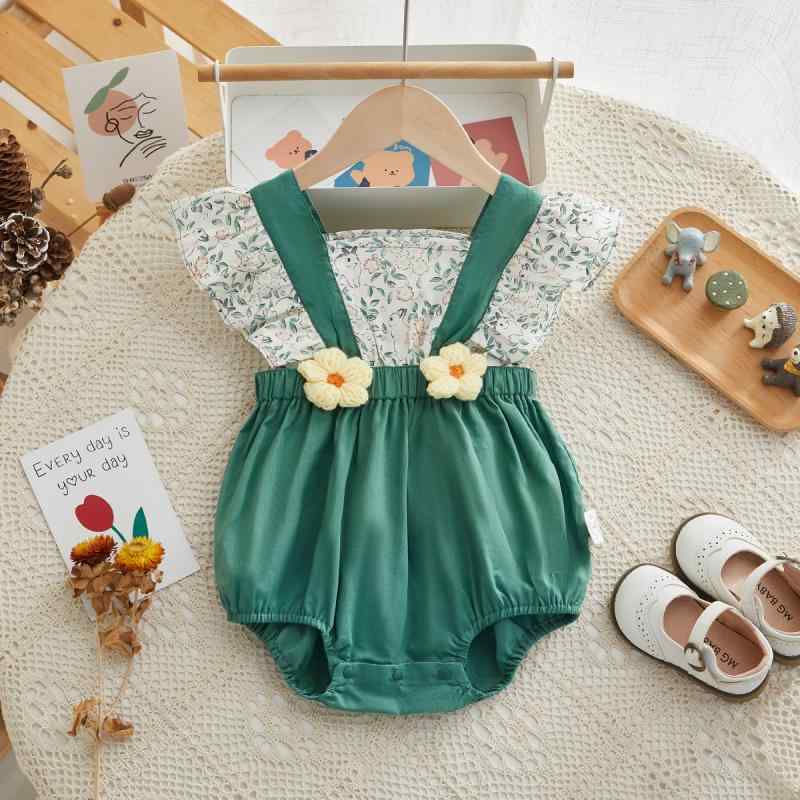ロンパース 女の子 新生児 ベビー 赤ちゃん服 半袖 綿素材 春夏 立体フラワー 薄手 フリル袖 ショート丈 グリーン 韓国 カジュアル 肌に優しい