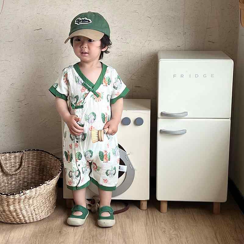 ロンパース ベビー 新生児 男女兼用 夏用 竹繊維 綿混 薄手 接触冷感 吸湿速乾 通気性 斜め襟 前開き 半袖 カバーオール 部屋着 お出かけ グリーン 韓国