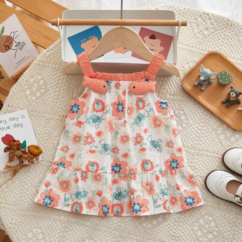 ワンピース ベビー 女の子 春夏 キャミソール ノースリーブ 花柄 立体お魚 コットン 肌に優しい Aライン かわいい 普段着 デイリーユース お出かけ