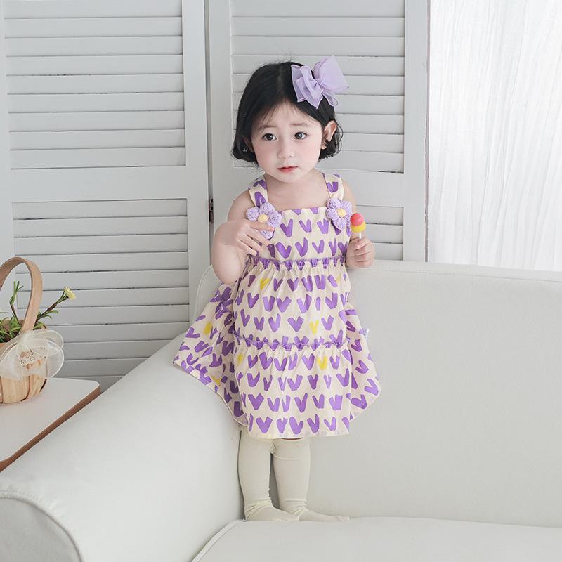 ワンピース キッズ 女の子 紫 小花柄 サロペットスカート ジャンパースカート 春夏 綿 コットン Aライン お出かけ 普段着 かわいい ベビー服 幼児服