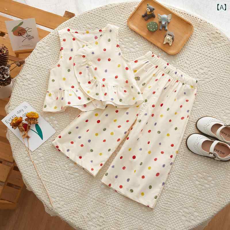 セットアップ 女の子 ベビー キッズ 夏 ノースリーブ 長ズボン 2点セット 綿 コットン ドット柄 薄手 涼しい かわいい 韓国 アプリコット 上下セット 普段着 通園 お出かけ