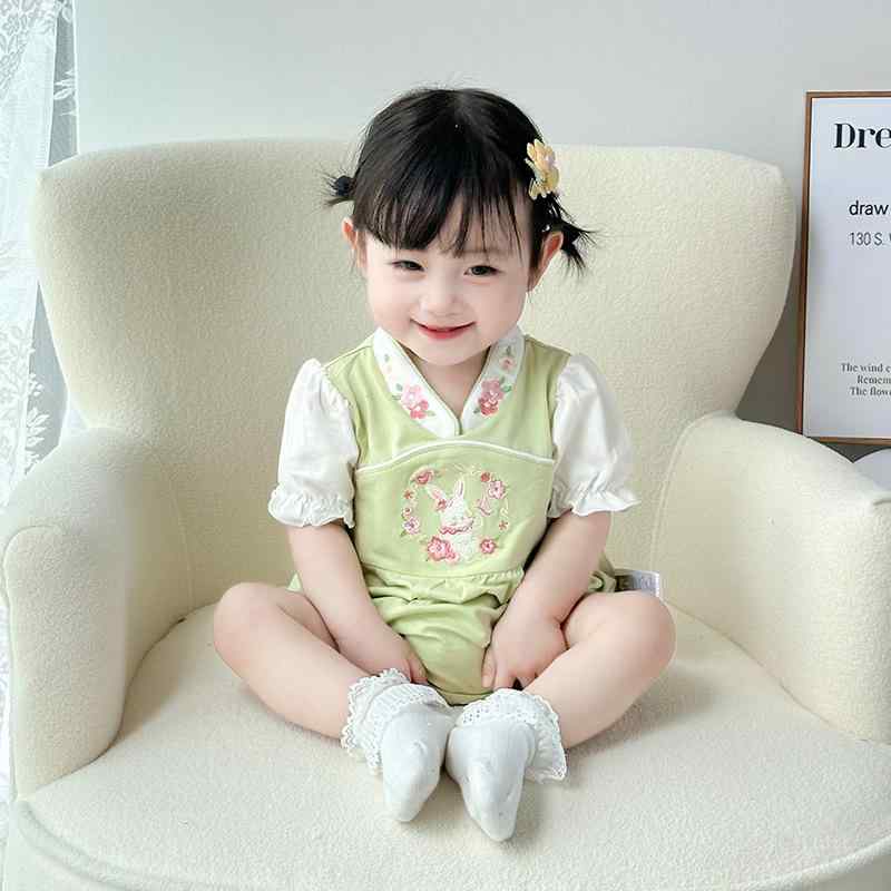 ベビー服 女の子 新生児 赤ちゃん 0歳 1歳 春夏 中国風 チャイナ風 半袖 三角ロンパース カバーオール 綿 コットン 薄手 吸湿速乾 通気性 肌に優しい 普段使い 部屋着 グリーン