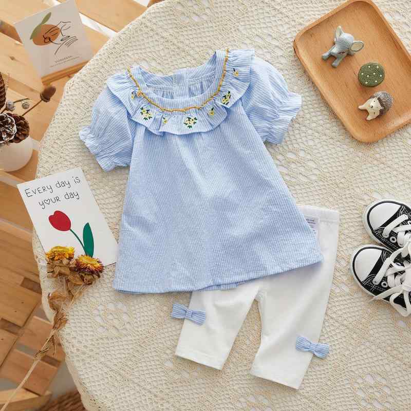 セットアップ 女の子 キッズ ベビー 春夏 韓国 Tシャツ トップス 半袖 パンツ ボトムス 九分丈 2点セット コットン 綿 さわやか カジュアル 普段着 お出かけ ブルー