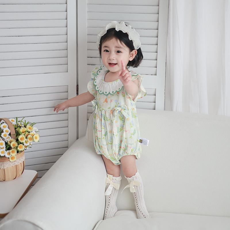 ベビー服 女の子 ロンパース 新生児 女児 春夏 ノースリーブ フリル 総柄 コットン 肌に優しい 吸湿速乾 薄手 快適 普段着 カバーオール 韓国ファッション