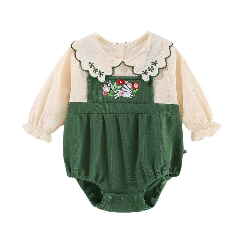 ロンパース 女の子 ベビー 新生児 長袖 花刺繍 カバーオール 綿 肌に優しい 安心 三角 プルオーバー 春秋 韓国 カジュアル グリーン 赤ちゃん服