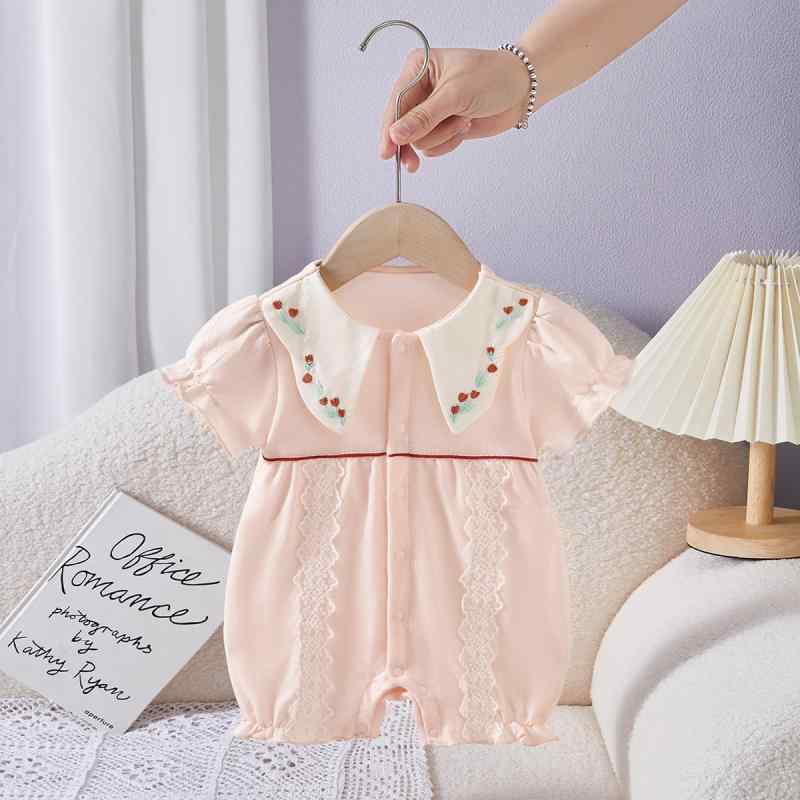 ロンパース カバーオール 女の子 ベビー 女児 新生児服 半袖 フリル 刺繍 綿 コットン 薄手 前開き スナップボタン ピンク かわいい 韓国 カジュアル オールインワン 春夏 普段着 お出かけ