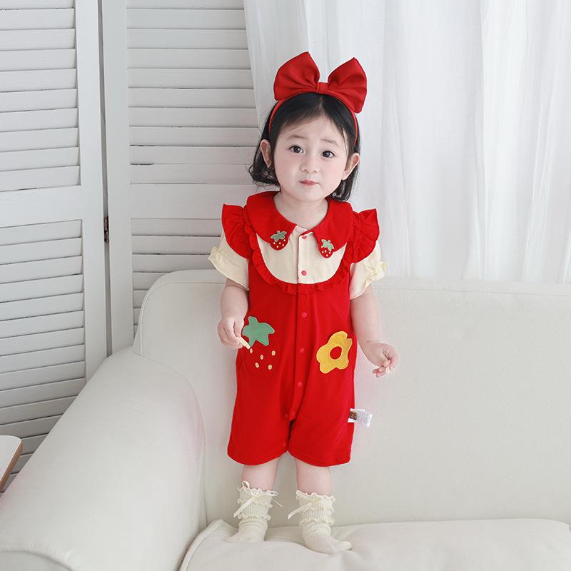 ロンパース 女の子 ベビー 新生児 赤ちゃん服 カバーオール 綿 コットン 薄手 前開き 半袖 ショート丈 ..