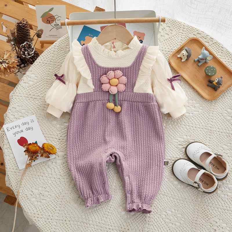 ロンパース ベビー 女の子 新生児 立体小花柄 フラワーモチーフ 長袖 カバーオール プルオーバー 再生繊維 レーヨン 韓国 かわいい おしゃれ 春秋 パープル 紫