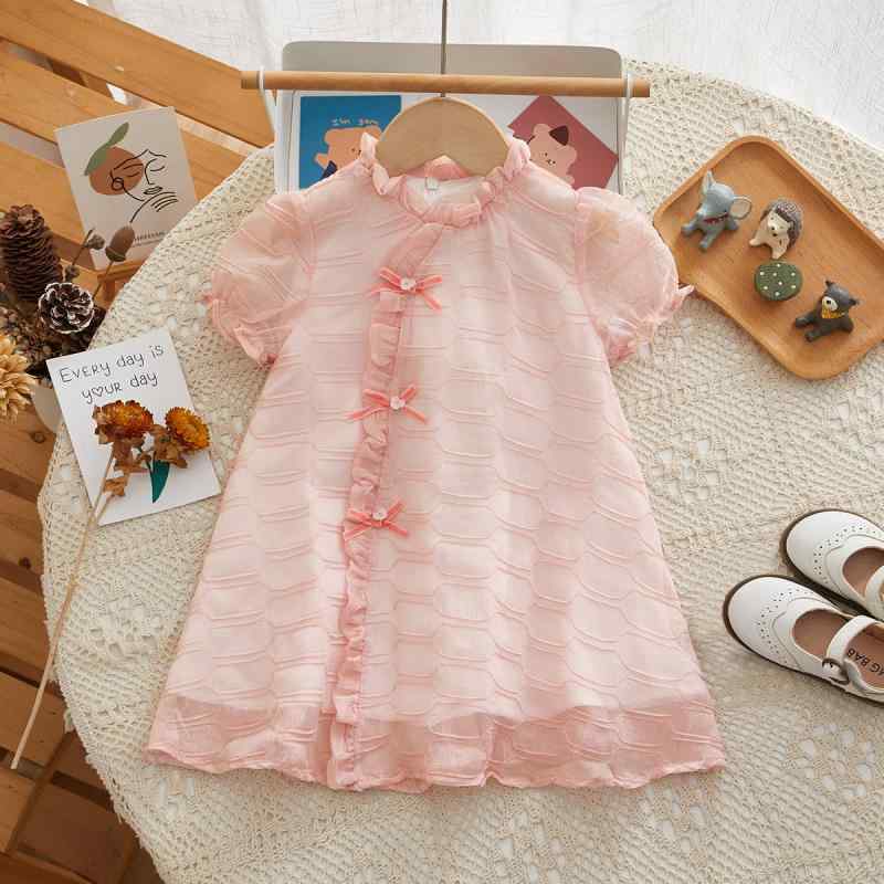 ワンピース 女の子 キッズ ベビー 幼児 子供服 夏 サマー ネオチャイナ風 中華風 夢のような パフスリーブ 半袖 Aライン ポリエステル ピンク お出かけ 普段使い