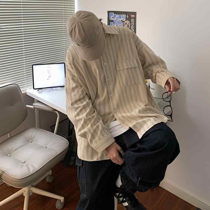 シャツ メンズ レディース 春秋 レトロ ストライプ柄 コーデュロイ 長袖 ゆったり ルーズフィット ワーク カジュアル ポケット付き イ..