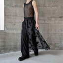 キュロット メンズ レディース 風 メッシュ 切り替え 変形 アシンメトリー ハイウエスト スカート風裾 フルレングス ワイドシルエット カジュアル ストリート ポリエステル混紡 ブラック 春夏