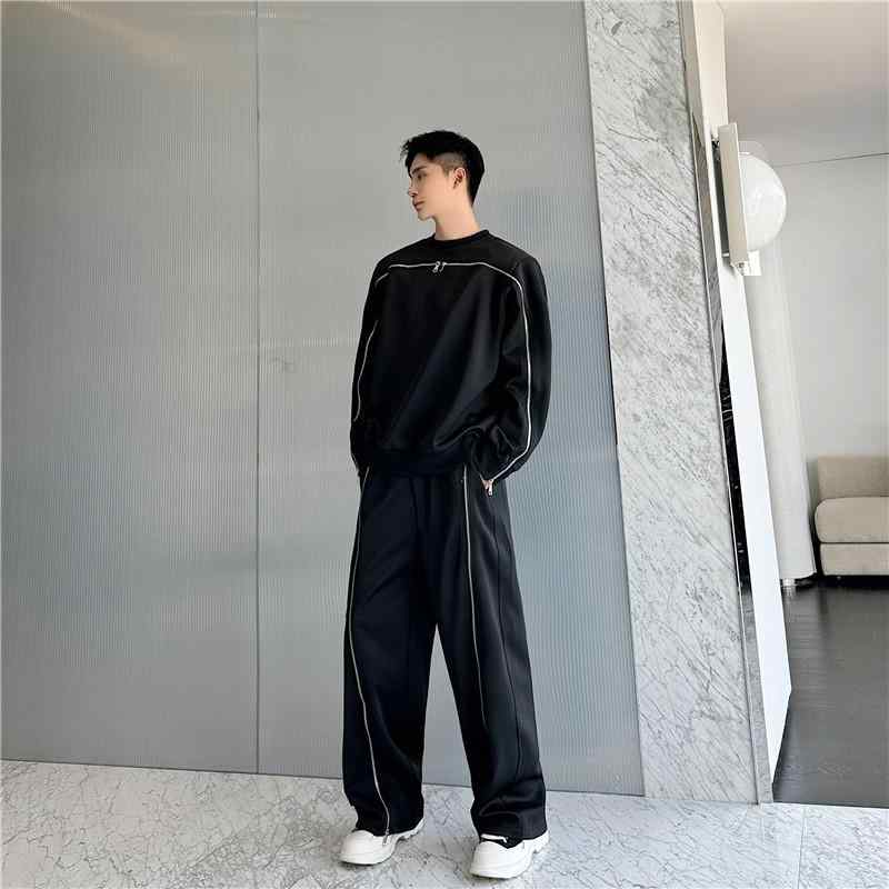 セットアップ メンズ プルオーバー トレーナー フーディ メタルジップ装飾 ワイドパンツ ボトムス ダーク風 モード系 ストリート スポーツ カジュアル 普段使い ポリエステル 黒 春秋