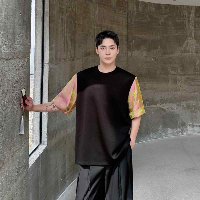 Tシャツ メンズ 新中国風 錦織 刺繍 ジャカード 配色 切り替え 半袖 クルーネック ビッグシルエット ストリート カジュアル ポリエステル混紡 夏 黒