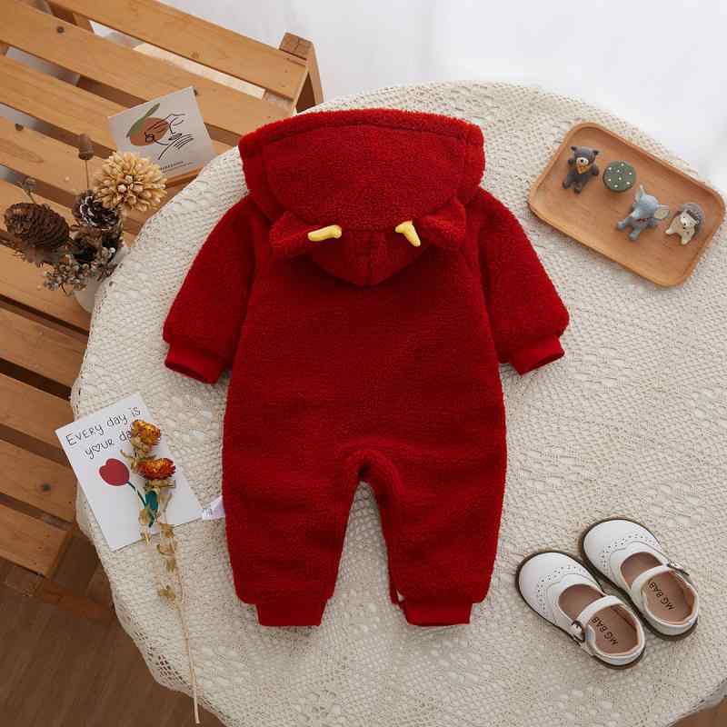 ロンパース ベビー 女の子 冬 裏起毛 厚手 チャイナ風 新生児 カバーオール お宮参り 百日祝い お正月 セレモニー フォーマル レッド 長袖 フード付き ポリエステル