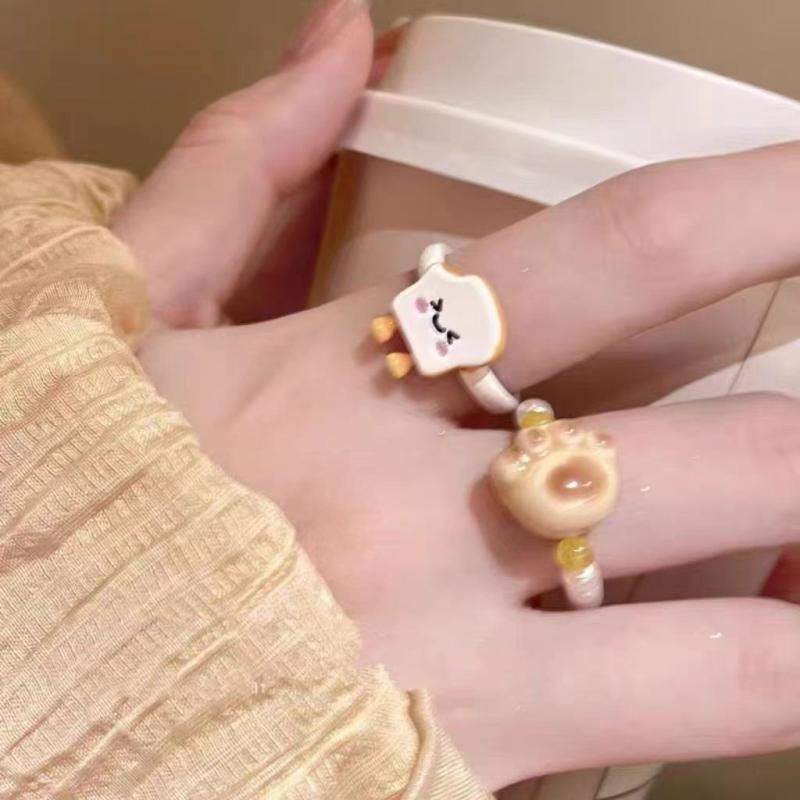 楽天おうち健康生活指輪 レディース かわいい キャラクター パン 猫モチーフ 肉球 パール パール フリーサイズ オープンリング ユニーク スイート ガーリー カジュアル 普段使い 女性用 レジン 電気メッキ加工