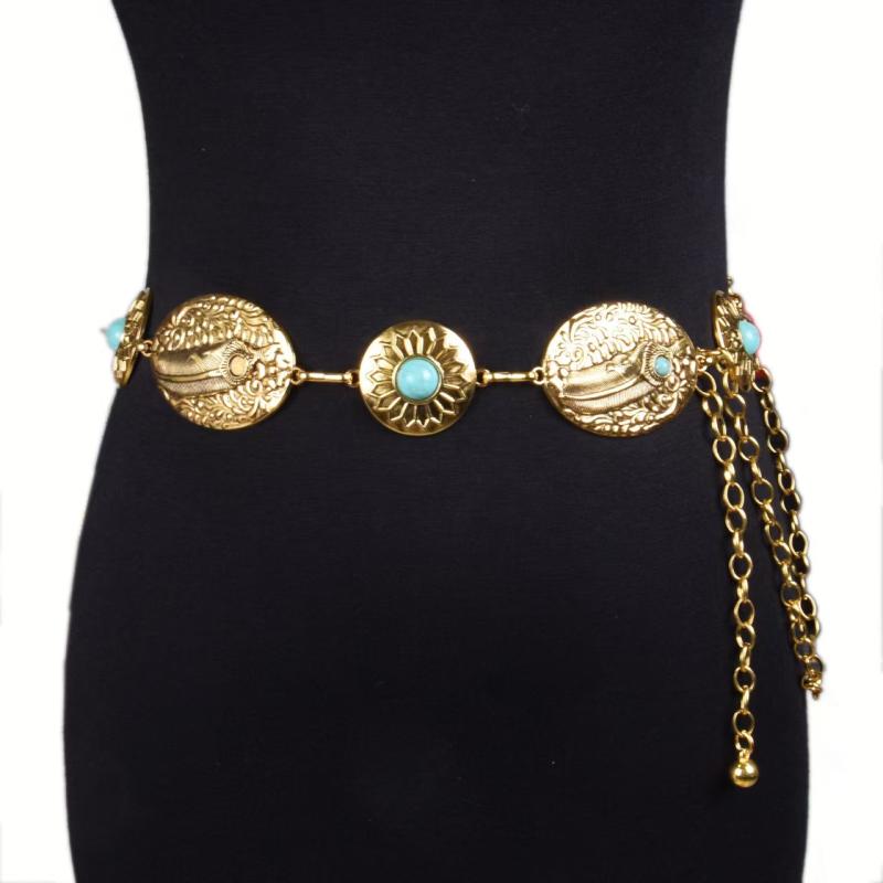 ベルト レディース 民族風 エスニック メタル ウエストチェーン 石 彫金 彫刻模様 レトロ アンティークシルバー スカート ワンピース 飾りベルト