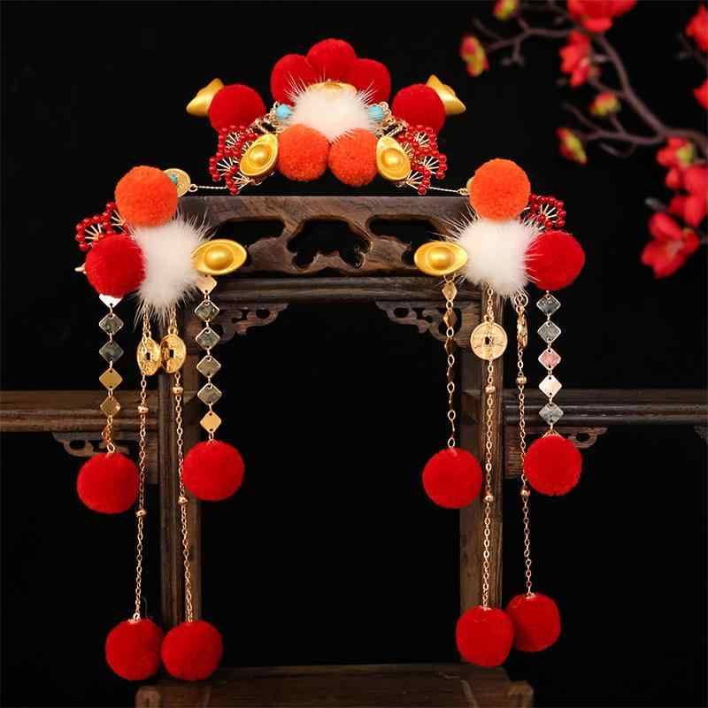 髪飾り 男女兼用 お正月 赤 レトロ 元宝 古銭モチーフ 縁起物 開運 ハンドメイド リボン かんざし ヘッドドレス セット