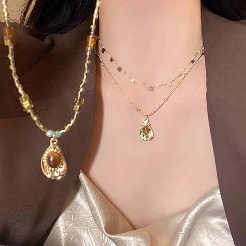 ネックレス レディース マラード風 タイガーアイ ビーズ レイヤード 鎖骨チェーン 秋冬 高級感 セーター スウェット デイリー レトロ アンティーク風