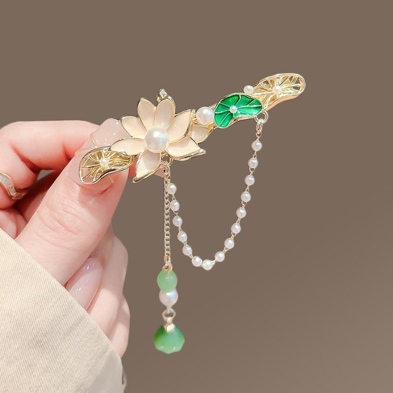 髪飾り レディース 蓮の花 パール タッセル ヘアクリップ 高級感 レトロ 和風 クラシック 亜鉛合金 ド..