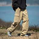 カーゴ メンズ ストレートシルエット 切り替え ゆったり ルーズフィット 微ストレッチ 多ポケット 綿 カジュアル アウトドア 春夏 ブラック カーキ アイボリ...