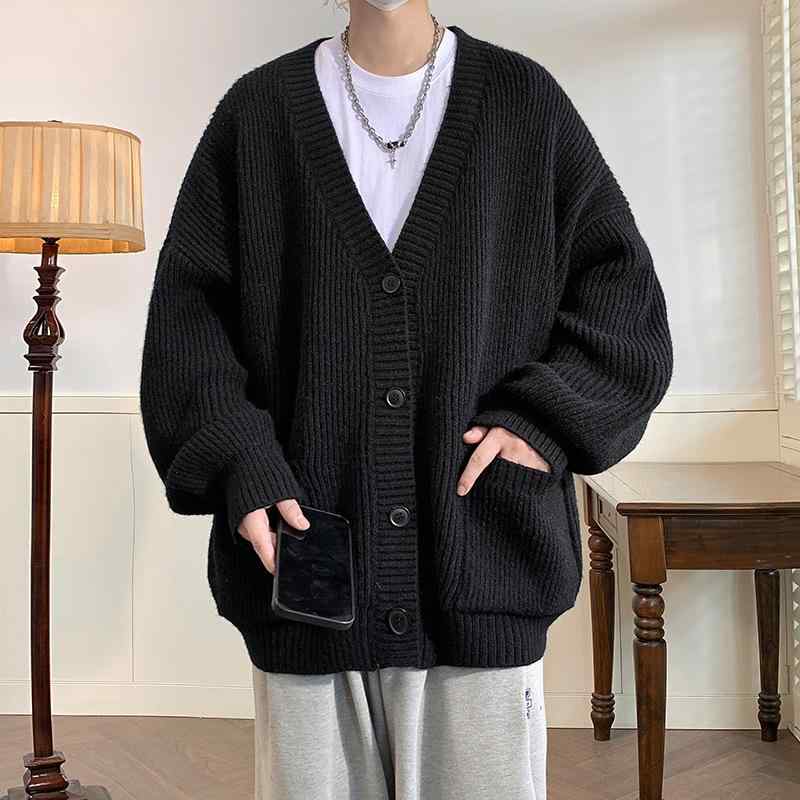 ニットカーディガン メンズ ユニセックス スエード調 ざっくり編み テクスチャー Vネック ゆったり 長..