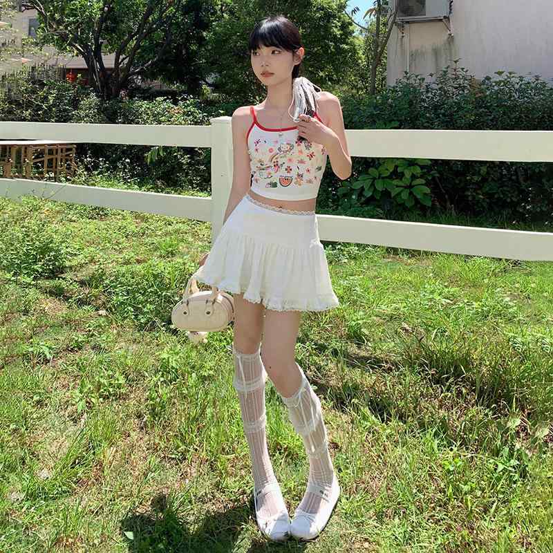 スカート レディース 春夏 清楚 フェミニン スウィート トレンド Aライン ミニ丈 レース フリル ハイウエスト バレリーナ風 プリーツ