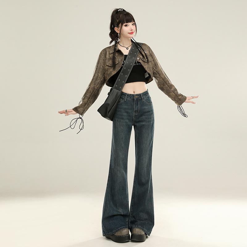 デニムパンツ レディース アメリカンヴィンテージ風 微フレア ワイド ハイウエスト とろみ感 落ち感 ロング丈 フルレングス 綿混 ストリート カジュアル 春秋