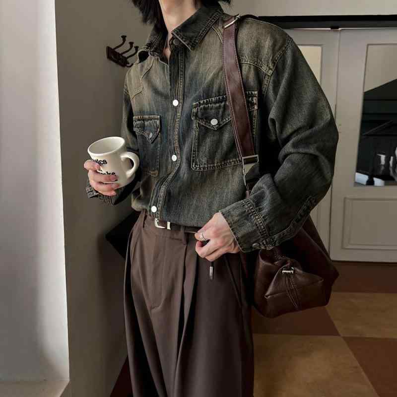 シャツジャケット メンズ 春物 ゆったり カジュアル 韓国ファッション トレンド レトロ 高級感 長袖 コットン 綿混紡 普段使い ヴィンテージ風カラー ブルゾン