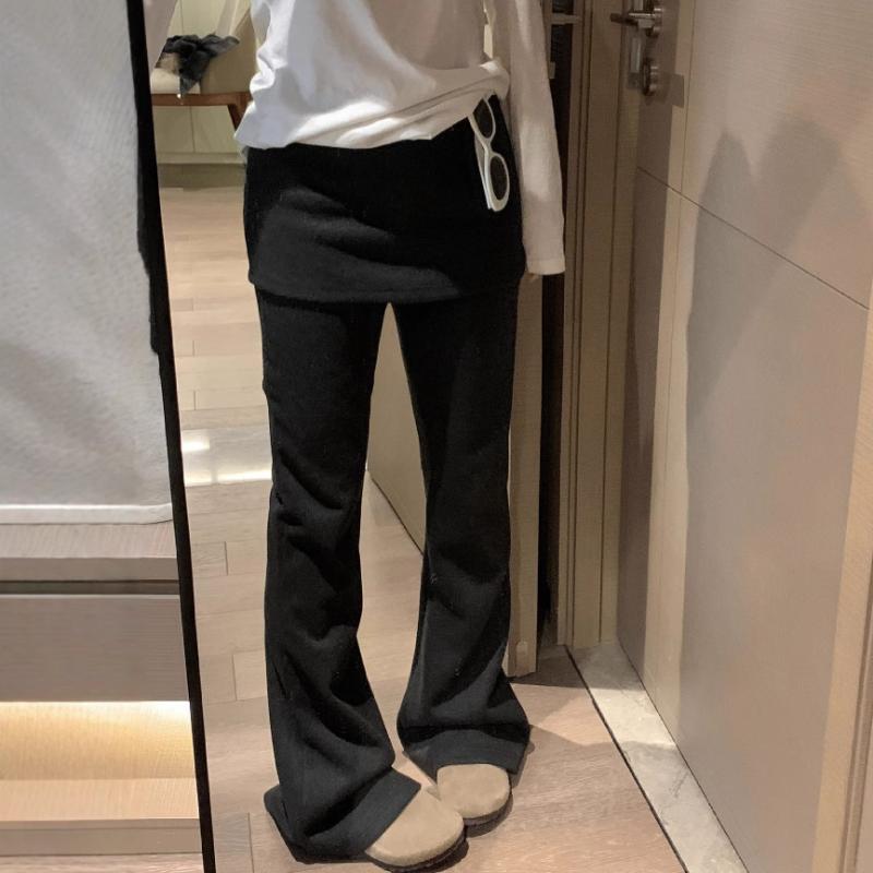 フレアパンツ レディース 美脚 脚長効果 細見え スリムフィット 着痩せ 体型カバー ハイウエスト フェイクレイヤード 重ね着風 厚手 裏起毛 ストレッチ カジュアル 秋冬 ロング丈 ダークグレー