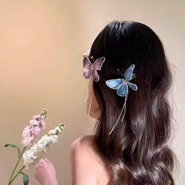 ヘアクリップ レディース 蝶 バタフライ タッセル ラインストーン 前髪サイド留め 上品 エレガント 高級感 精巧 華奢 普段使い デート 髪飾り トレンド ブルー ピンク