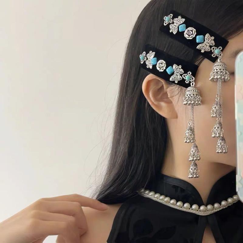 ヘアアクセサリー レディース エスニック バタフライ ターコイズ 鈴チャーム サイドクリップ 髪留め 合..