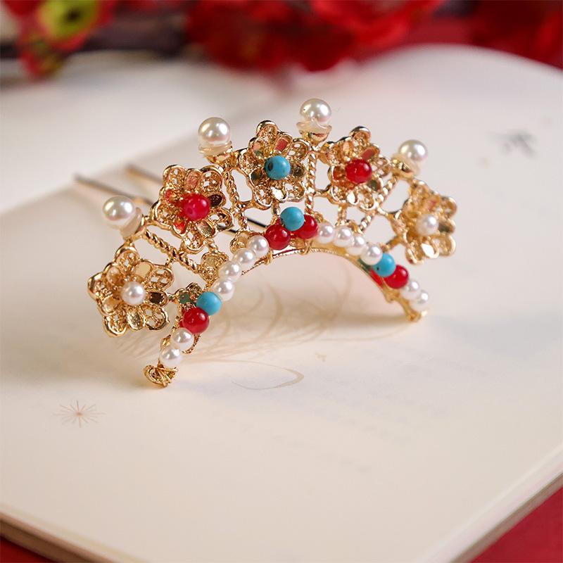 髪飾り 花嫁用 パール簪 ティアラ ヘッドドレス ハンドメイド 金属製 古風 漢服風 唐風 明代風 宋代風 和装小物 女性用ヘアアクセサリー