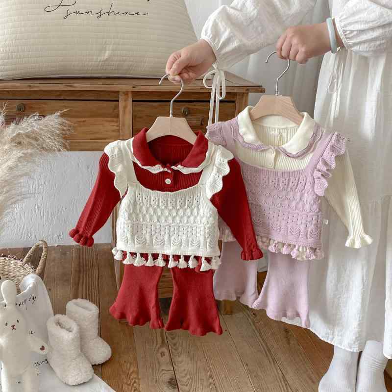 ベビー服 女の子 子供服 ニット セットアップ 3点セット トップス ベスト ジレ パンツ 長ズボン 襟付き リブ編み フリンジ かわいい おしゃれ 上品 カジュアル 韓国 スリーシーズン 再生繊維