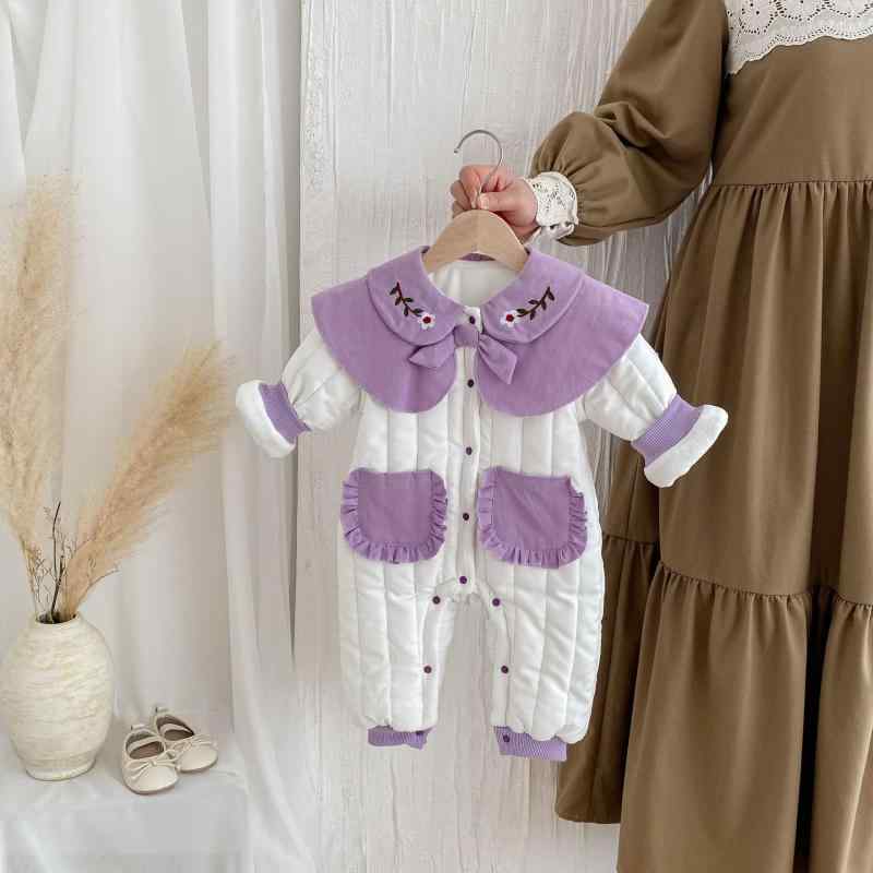 Overalls - ロンパース 女の子 ベビー 赤ちゃん 冬 秋冬 裏起毛 厚手 中綿入り コットン 綿 防寒 保温 あったか お出かけ 普段使い 長袖 前開き 白パープル カバーオール