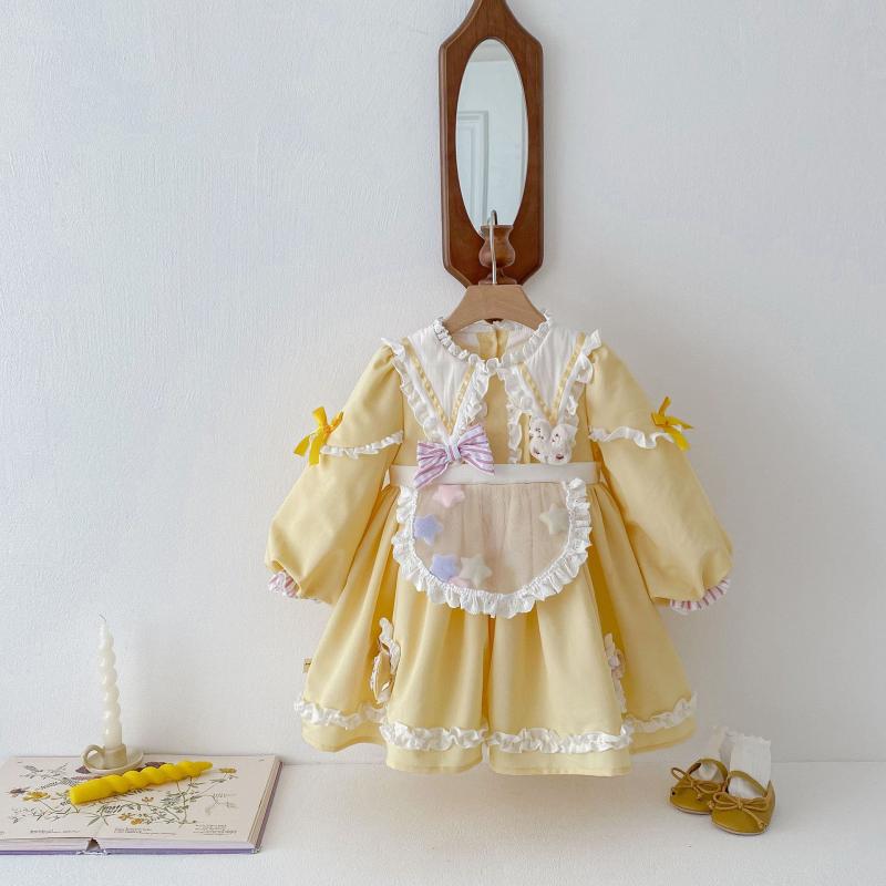 乐天商城 - ワンピース 女の子 キッズ 春夏 カートゥーン ロリータ プリンセスライン ふわふわ 柔らか 綿 コットン ドレス おしゃれ 普段使い お出かけ イエロー
