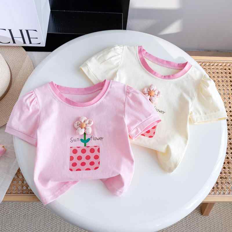 Tシャツ 女の子 キッズ ベビー かわいい おしゃれ 韓国ファッション 立体フラワーモチーフ パフスリーブ 半袖 ラウンドネック 綿 コットン 吸湿速乾 春夏 ピンク アイボリー 普段使い カジュアル