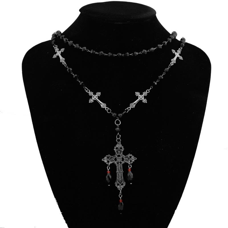 ネックレス レディース メンズ 黒 ゴシック 十字架 ビーズ チタン合金 ロング チェーン 個性的 高級感 ..