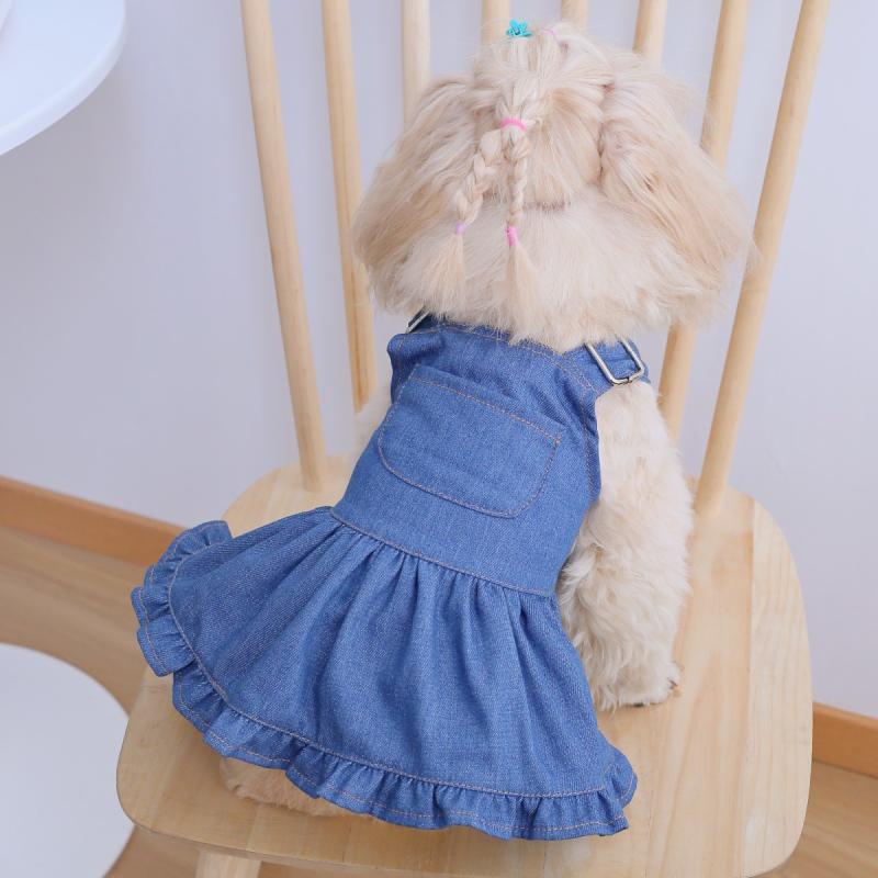 ペット服 犬猫用 プリンセススタイル ワンピース ライトブルー フリル付き ウォッシャブル ポリエステル 丈夫 抜け毛対策 春夏 かわいい お散歩 普段着 おしゃれ着 軽量 通気性