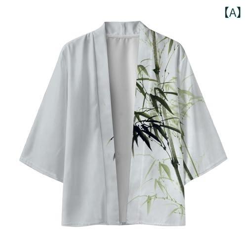 カーディガン メンズ 人気 半袖 3Dライン花柄プリント 和風 和柄 羽織り ビーチ リゾート 海水浴 ポリエステル 薄手 透湿性 通気性 夏物 浴衣風 ローブ