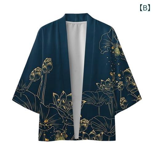 カーディガン メンズ 人気 半袖 3Dライン花柄プリント 和風 和柄 羽織り ビーチ リゾート 海水浴 ポリエステル 薄手 透湿性 通気性 夏物 浴衣風 ローブ
