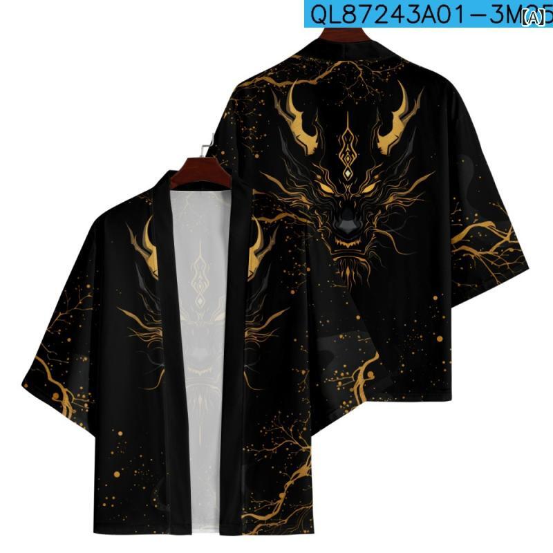 羽織 メンズ 夏物 和風 龍柄 浮世絵 和柄 3Dデジタルプリント ビッグシルエット オーバーサイズ ゆったり 開襟 カーディガン ポリエステル カジュアル リゾート ストリートファッション