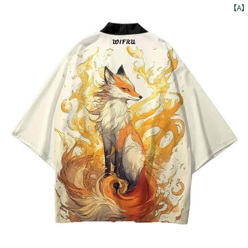 和服 男女兼用 アニメ 桜 狐 プリント カーディガン 羽織り コスプレ ストリートファッション 原宿系 メッシュ素材 ポリエステル 夏 カジュアル 普段着 トップス