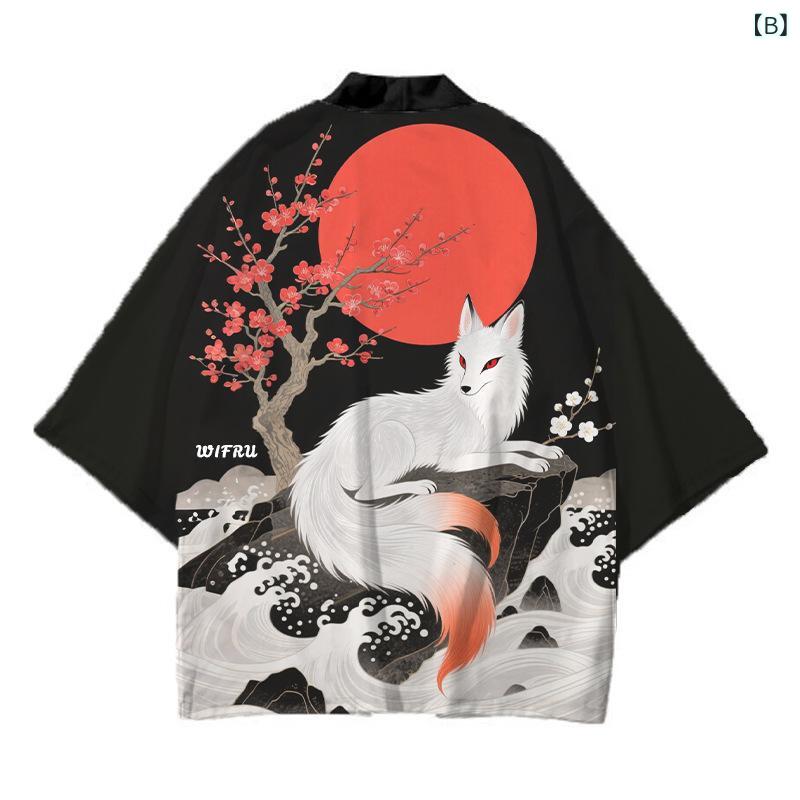 和服 男女兼用 アニメ 桜 狐 プリント カーディガン 羽織り コスプレ ストリートファッション 原宿系 メッシュ素材 ポリエステル 夏 カジュアル 普段着 トップス