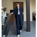 セットアップ メンズ 接触冷感 薄手 半袖 シャツ ロングパンツ ゆったり リラックスフィット カジュアル スタイリッシュ おしゃれ 普段使い 部屋着 春夏 ブルー ポリエステル素材 男性用(4)