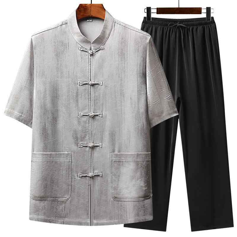 セットアップ メンズ シニア 男性用 お父さん 祖父 唐装 半袖 開襟 中国風 ゆったり 薄手 クロップドパ..