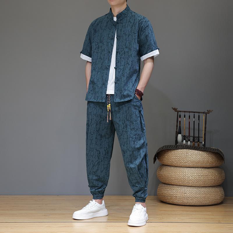 セットアップ メンズ 中国風 漢服 唐装 半袖 開襟シャツ ロングパンツ 綿 コットン カジュアル レトロ ..