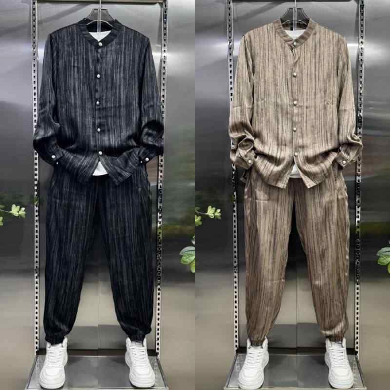 セットアップ メンズ 男性用 春夏 接触冷感 ストライプ カジュアル モダンチャイニーズスタイル トレンド シャツ トップス ロングパンツ 長ズボン 普段使い 部屋着 クール 涼しい ツーピース