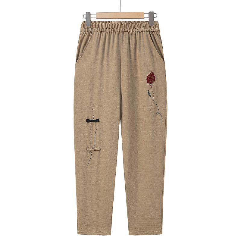 パンツ レディース 中国風 チャイナボタン 刺しゅう ハイウエスト クロップド丈 ストレート 薄手 軽量 ..