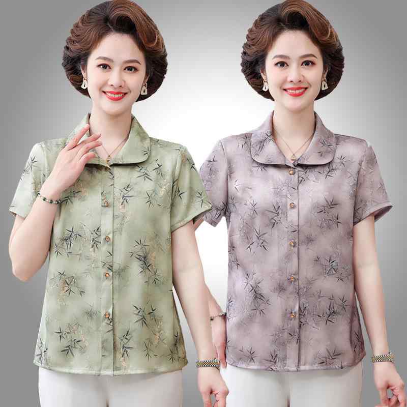 ブラウス ミセス レディース 50代 中高年 女性用 半袖 襟付き 薄手 トップス シャツ ポリエステル エレガント 上品 きれいめ 通勤 オフィス 普段使い 春夏 グリーン パープル